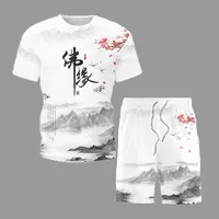 남자 트랙 슈트 중국 스타일 티셔츠와 반바지 정장 문자 그대로 디지털 프린트 짧은 슬리브 남자 세트 2023 캐주얼 남성 여성 패션 의류