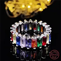 Novo colorido de zirc￣o c￺bico 925 Sterling Silver Wedding Eternity Band Ring for Women Fashion Jewelry Christmas Party Gift