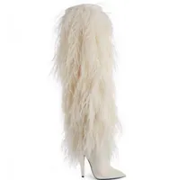 2021 Neue Wintermodefarben speicherte Zehen weiße Fell High Heels Frauen Oberschenkel Botas Nieve Mujer Party Schuhe8897110