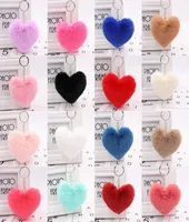 Faux Fur PomPom Love Heart Keychains Cute Rabbit Fur Ball Key Chain for Women Girls Car Keyrings Phone Hangbag Pendant Gift6126282