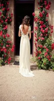 2019 Lace Wedding Dresses VNeck Cap Sleeves Backless Satin Sashes ALine Tulle Skirt FloorLength White Ivory Beach Bridal Gowns1367380