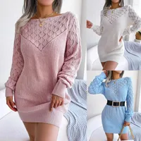 Casual Dresses Sexy Slash Neck Long Lantern Sleeve Hollow Out Knitted Loose Sweater Dress Women Autumn Winter Thick Party BJS-2075