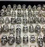 Men039s Fashion 50pcs Lots Top Mix Style Big Size Skull Carved Biker Silver Plated Rings jewelry Skeleton Ring8888298