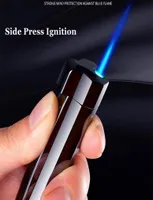 New Windproof Cigarette Torch Cigar Lighter Side Press Ignition Metal Jet Lighter Blue Flame Refillable Butane Gas Lighters Gadgte9053467