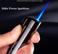 New Windproof Cigarette Torch Cigar Lighter Side Press Ignition Metal Jet Lighter Blue Flame Refillable Butane Gas Lighters Gadgte7912516
