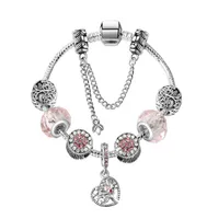Pink Bracelets Bangles Pandor Heart Life Tree Pendant 925 Silver Snake Chain Bracelet Fashion Crystal Beads Charm Jewelry for Wome4667720