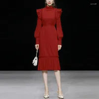Sukienki swobodne Linda della 2023 Projektantka mody damskie modele letnie stand-up kołnierz żałobny rękawy Latarne Suknia Ruffle Talle Sukienka
