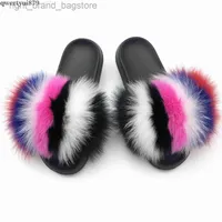 Zapatillas Sarsalya Fur Slippers Mujeres Tobogán de pieles de zorro real en casa Furry Furry Flat Flan