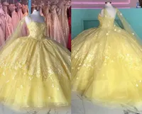 2022 Kwiaty z żółtej koronki sukienki Quinceanera z czapką Tiul Pearls Spaghetti bez ramiączki koronkowe suknie balowe formalne sukienka Słodka 15 166677379