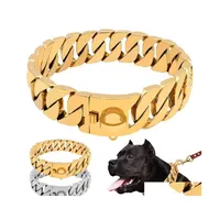 Dog Collars Leashes Gold Cuban Chain Pet Collar Bly Large Leash Customized Stainless Steel 32Mm Pitpl Bldog Strong Strap 220629 Dr Dh25L