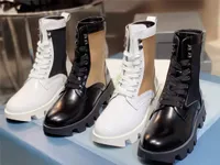 2023 Designer Paris Rocksand Leather and Nylon Combat Boots Cross bundna Rivet Triangle Mönster Ankel Short Booties Flat Platform Brand Sneakers With Original Box