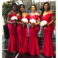 Elegant utanför axeln brudtärna klänningar sjöjungfru röd södror Sydafrika Style Maid of Honor Wedding Gästklänning Custom Made Made
