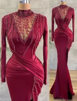 Plus Size Arabic Aso Ebi Burgundy Mermaid Luxurious Prom Dresses Beaded Crystals Evening Formal Party Second Reception Birthday Engagement Gowns Dress 109