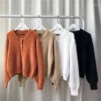 Kadın Sweaters Kadınlar Oln Gevşek Saf Renk Peluş Hırka Yuvarlak Yakalama 2023 Stil Gündelik Kış Kadın Sokak Giyim Sweater