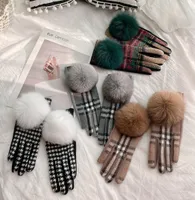 Five Fingers Gloves Touch Screen AvailableCashmere Embroidery Plaid Fox Hairball Thick Glove for Fall and Winter5354271