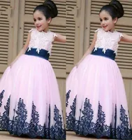 2022 Sweety Pink Navy First Communion Dresses Cap Sleeve Applique Pleated Lace Tulle Flower Girl Dress For Wedding Kids Party Prom1834646