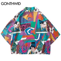 Men s Jackets GONTHWID Japanese Ukiyo e Colorful Geometric Patchwork Print Kimono Cardigan Haori Streetwear Hip Hop Open Front Coats 230109