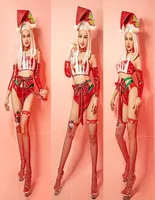 Stage Wear Pole Dance Clothing Christmas Clothes Red Sexy Bowknot Outfit Hat Women Gogo Costumes Show XS3293Stage4371112
