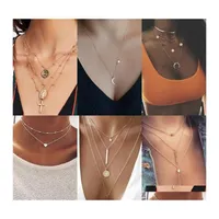 Pendanthalsband Vintage Mtilayer Crystal Necklace Women Gold Color Beads Moon Star Horn Crescent Choker Jewelry 828 Q2 Drop Delive OT75P