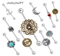 14G 38mm Sexy Hollow Moon Anchor Rose Industrial Barbell Bar Ear Ring Body Piercing Jewellery NEW Style 20pcslot3225653