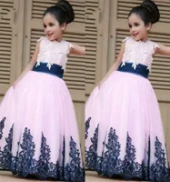 2022 Sweety Pink Navy First Communion Dresses Cap Sleeve Applique Pleated Lace Tulle Flower Girl Dress For Wedding Kids Party Prom5229352