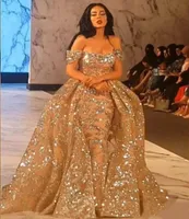 Sparkle Sequined Lace Overskirt Evening Dresses 2019 Yousef Aljasmi Dubai Arabic Formal Party Gowns Short Sleeves OffShoulder Pro7900964