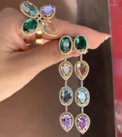 Studörhängen Eyika Luxury Mix Color Crystal Cubic Zirconia Oval Water Drop Long Dingle Women Ear Line Earring Wedding Party Jewelry