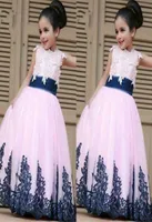 2022 Sweety Pink Navy First Communion Dresses Cap Sleeve Applique Pleated Lace Tulle Flower Girl Dress For Wedding Kids Party Prom8027118