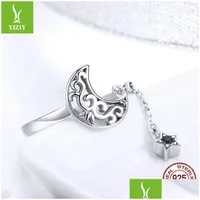 Band Rings Bamoer Genuine 925 Sterling Sier Moon And Stars Long Chain Star Adjustable Finger Ring For Women Jewelry Scr479 1066 T2 D Dhkdf