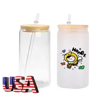 DIY Sublimation 12oz 16oz Glass Tumblers Glasses Can with bamboo lid reusable straw beer Mugs Transparent frosted Soda Can Cup drinking Cups