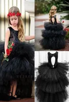 Ruched Ruffles Tulle Short Black Flower Girl Girl Dresses 2021 New Gothic Weddings Girl Pageant Party Gowns Jewell Neck Keyhole Bac