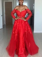 Red Overskirt Evening Dresses Off The Shoulder Lace Appliques African Memaid Prom Dresses With Train Plus Size Party Dresses robes9792250