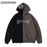 Men s Jackets GONTHWID Hip Hop Zip Up Gothic Hoodie Hooded Sweatshirt Two Tone Punk Zipper Coat Mens Harajuku Autumn Cotton 230109