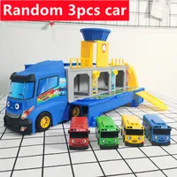 Diecast Model car Cartoon Tayos The Little Bus Container Truck Storage Box Parking Lot With 3 Pull Back Mini Car Toys For Children Birthday Gift 230111
