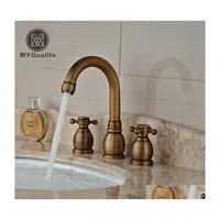Bathroom Sink Faucets Antique Brass Dual Handle Basin Faucet Widespread 3 Hole Mixer Taps Deck Mount Drop Delivery Home Garden Shower Dh9Oh