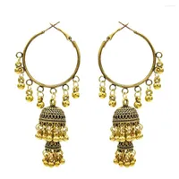 Hoop Earrings Vintage Ethnic Gypsy For Women Boho Jewelry Ladies Retro Big Circle Bell Tassel Hollow Jhumka