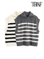 Women's Vests TRAF Women Fashion Front Zip Loose Striped Knit Vest Sweater Vintage High Neck Sleeveless Female Waistcoat Chic Tops 230111