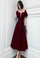 Ethnic Clothing Pearl Button MeshVelour Patchwork Cheongsam Burgundy Puff Sleeve Prom Party Dress Gown Perspective Back Qipao Sex9048558