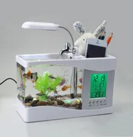 水族館クリエイティブギフトシッズタンクアクアリウムデスクトップデコレーションペンホルダーデジタルカレンダークロック付きテーブルランプ付きUSBバッテリーPO