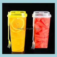 Disposable Cups Straws 960Ml Thick Transparent Plastic Drinking With Lid Juice Tea Cup Fork Sn3601 Drop Delivery Home Garden Kitch Dhyqd