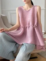 Women's Tanks Miyake Pleated Belt Sleeveless Tops 2023 Summer Loose Drawstring Vest Korean Fashion Large Casual Long T-shirt