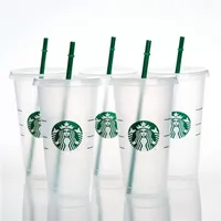 Starbucks 24oz 710ml Plastic Mugs Tumbler Mermaid Goddess Reusable Clear Drinking Flat Bottom Pillar Shape Lid Straw Cups mug ss0112