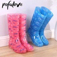 Дождевые ботинки Pofulove Женщины печатать ПВХ водонепроницаемые туфли для девочек на колене на колене на анти-скип-длинной трубке Botas Fashion Size 41 230112