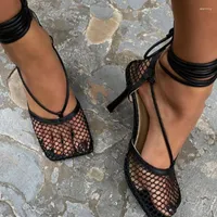 Sandalen Dames Zwart hoog-hakken massieve kleur vierkant kop ademende cross-strap mesh Stiletto Slipper Chaussures Ete Femme