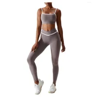 Active Sets CHRLEISURE 2PCS Yoga Suit Splice Contrast Color Sports Outfit Shockproof Running Bra Naked Feeling Women&#39;s Fitness Set