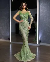 Green Mermaid Prom Dresses V Neck One Long Sleeve 3D Lace Hollow Beaded Appliques Sequins Floor Length Tassel Sparkly Evening Dresses Plus Size Custom Made