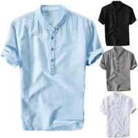 Men&#039;s T Shirts Mens Short Sleeve Linen Casual Henley Button Up Band Collar Summer Beach Tops Men Clothing 3XL Dark Blue