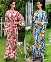 Ethnic Clothing Print Maxi Dress Muslim Women Sfifa Ribbon Trim Flare Sleeve Abaya Belt Fashion Middle East Arabic Morocco Oman Cl7264919