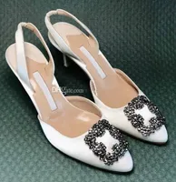 Lady pump sandal luxury designer shoes for woman MB Shoe Hangisli satin toe jewel buckle slingback sandals pumps wedding party dress heel 8cm ,size 35-42