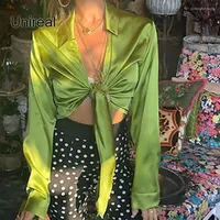 Bluzki damskie Unireal 2023 Summer Kobiet Satynowa bluzka z długim rękawem Krótka zielona koszula Vintage Sexy Tops